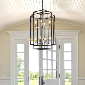 18' Modern 8-Light Black & Chrome Geometric Pendant Chandelier, Industrial Metal Frame, Adjustable Hanging Light for Living Room, Dining Room, Kitchen (No Bulbs)