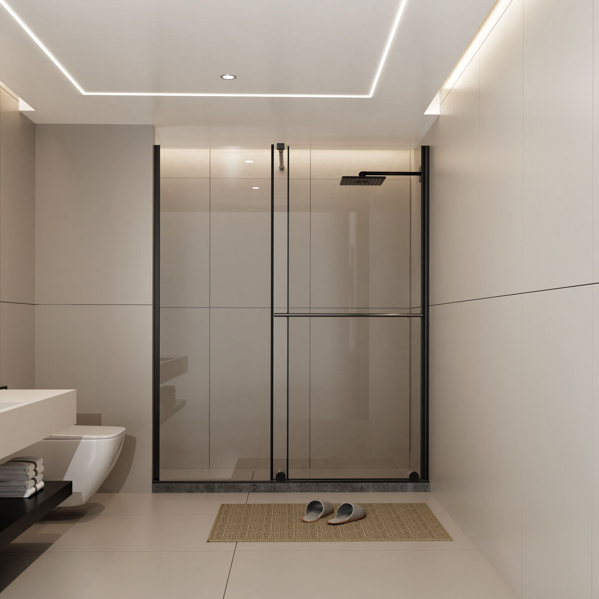 Glass Shower Door, Shower Sliding Door Walk In Shower Screen Dual Usage, 1 / 4" Thick Glass Panel With Stainless Steel Handle, Supporting Bar - Black