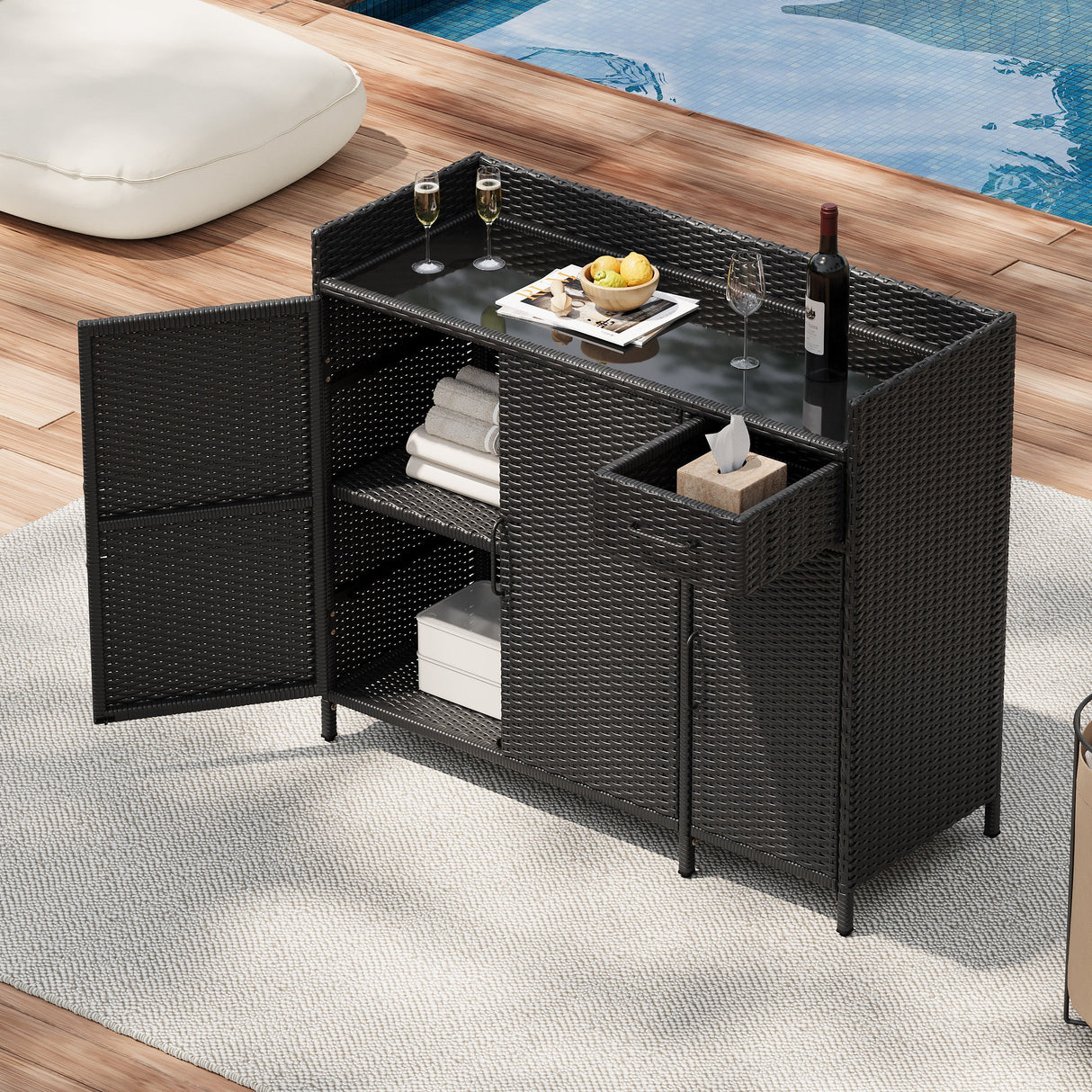 K&K 47.5"W Wicker Outdoor Storage Cabinet with Tempered Glass Desktop
