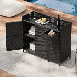 K&K 47.5"W Wicker Outdoor Storage Cabinet with Tempered Glass Desktop