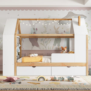 Twin Size House Platform Bed with Drawers, Solid Wood House Bed with Shelves
