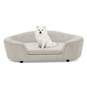 OVERSIZED Size Oval Semi-Enclosed Dog Sofa - Durable Linen Material, Button-Tufted Backrest, High-Center Low-Sides Support & Plush Comfort-Beige