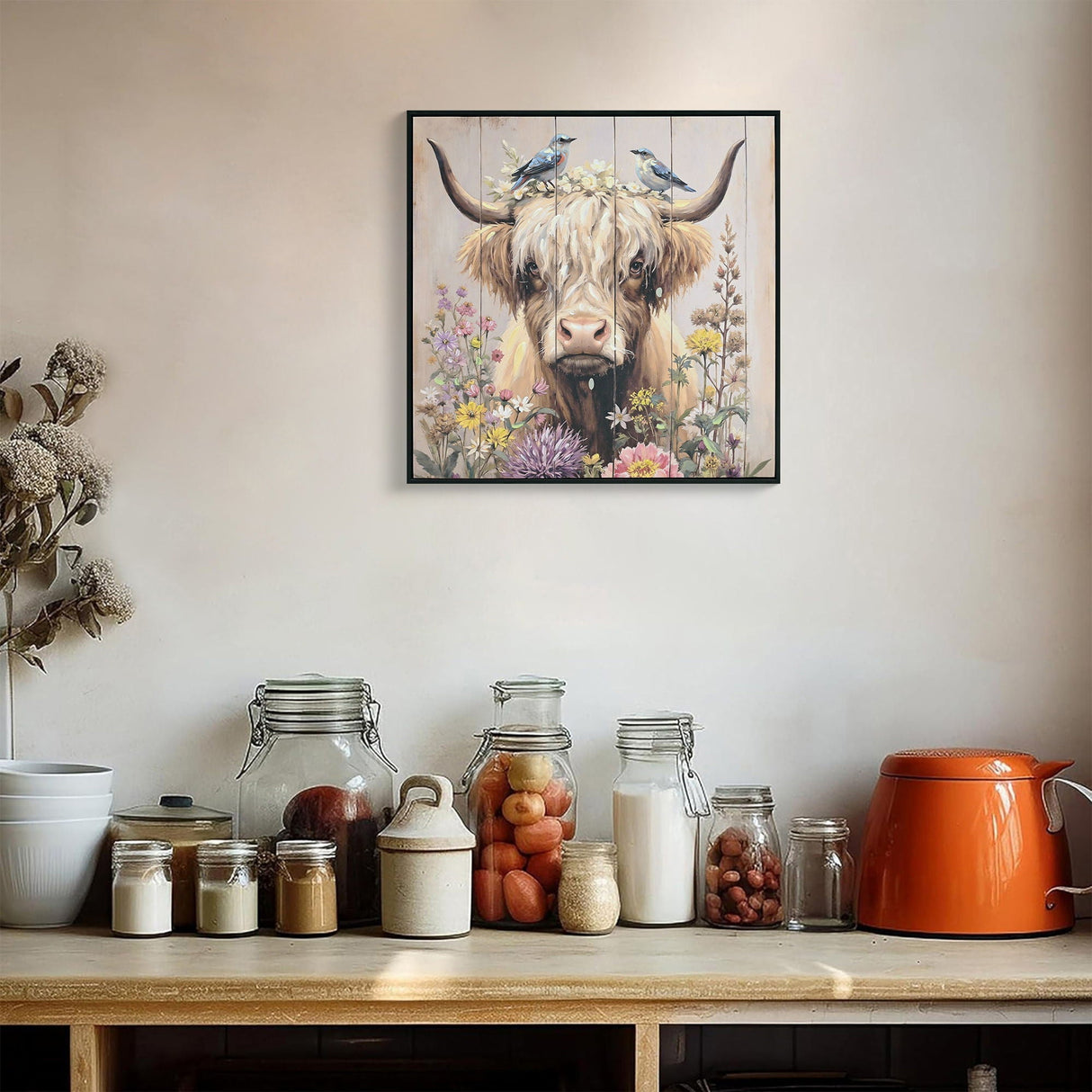 Highland Cow Wall Decor, Picture Canvas Art Print for Living Room - Camel / Brown