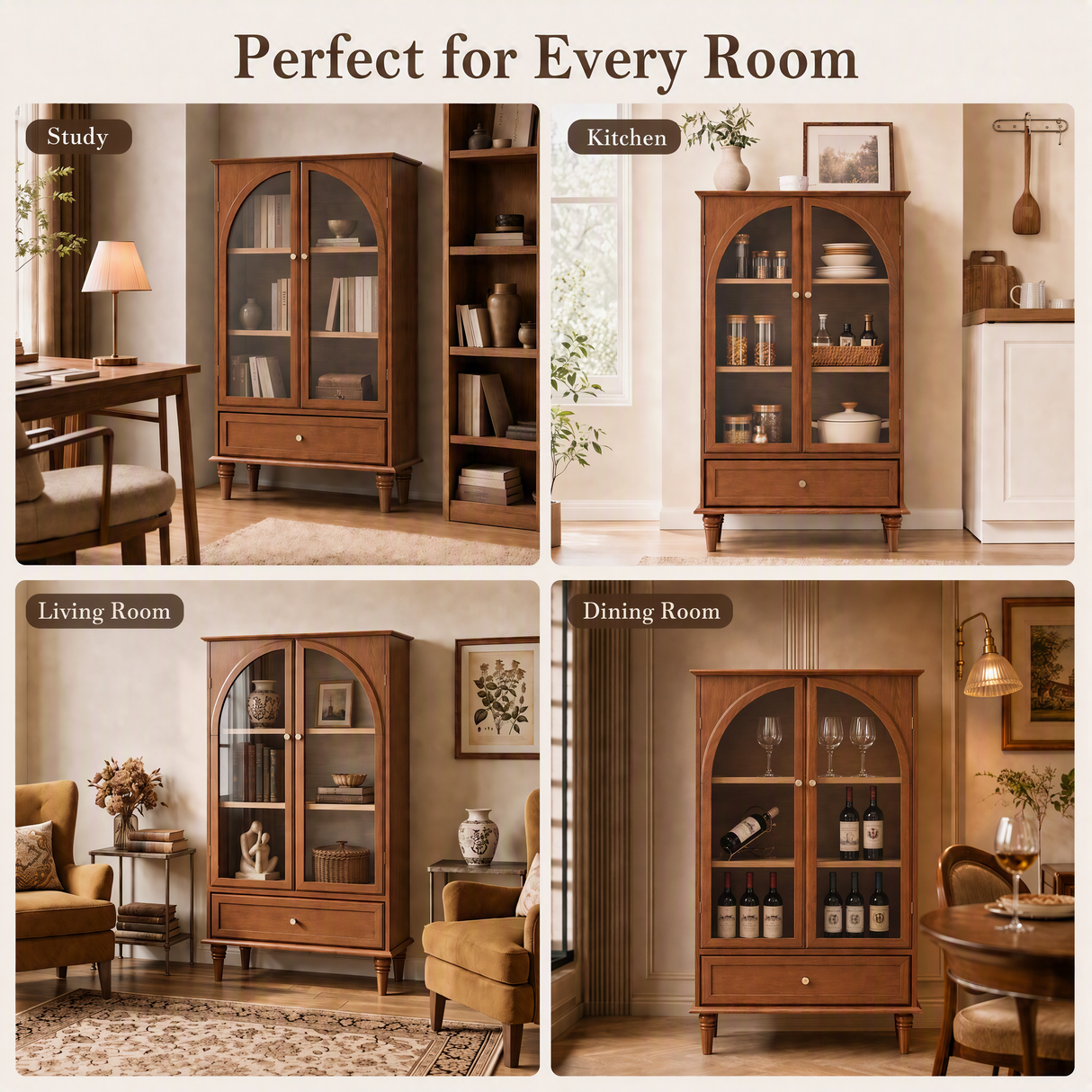 Vintage Farmhouse Arched Glass Accent Cabinet