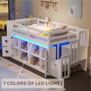 Loft Bed with Storage Cabinets, Staircase Drawers & LED Lights