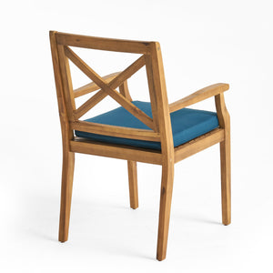Acacia Wood Outdoor Dining Chairs with Blue Cushions - Set of 2