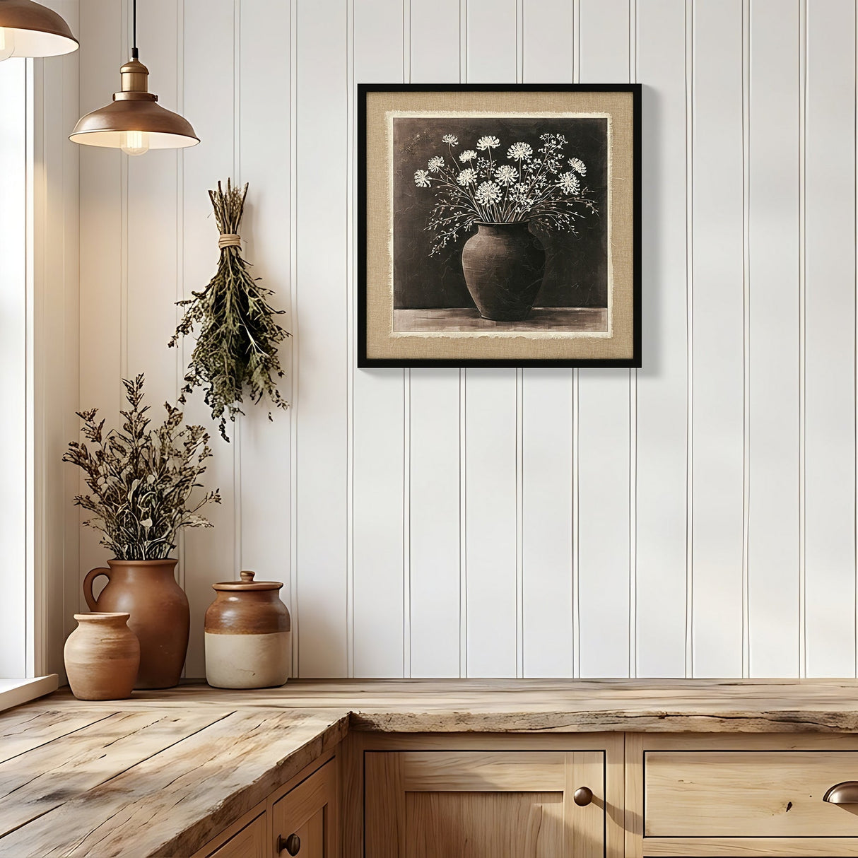 ARTISTIC PATH Abstract Flower Bouquet Wall Art: white flower in a rustic clay pot  Painting Blossom Picture Prints on Linen for Bedroom (24''W x 24''H)