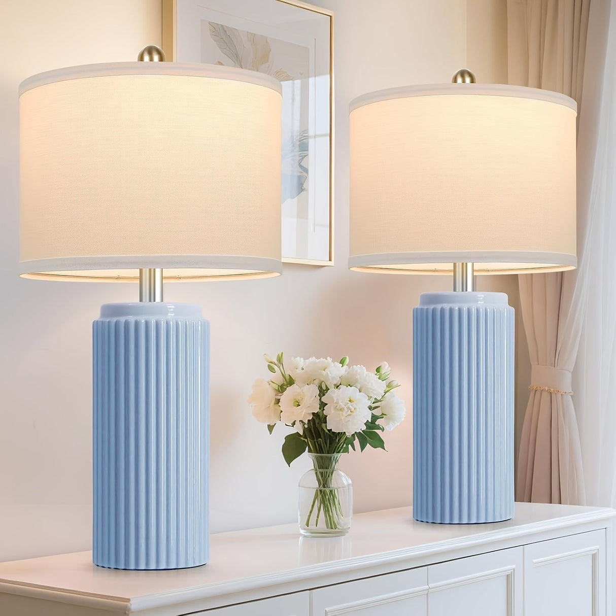 Farmhouse Table Lamps Set of 2 – Ceramic Base Bedside Lamps for Bedroom & Living