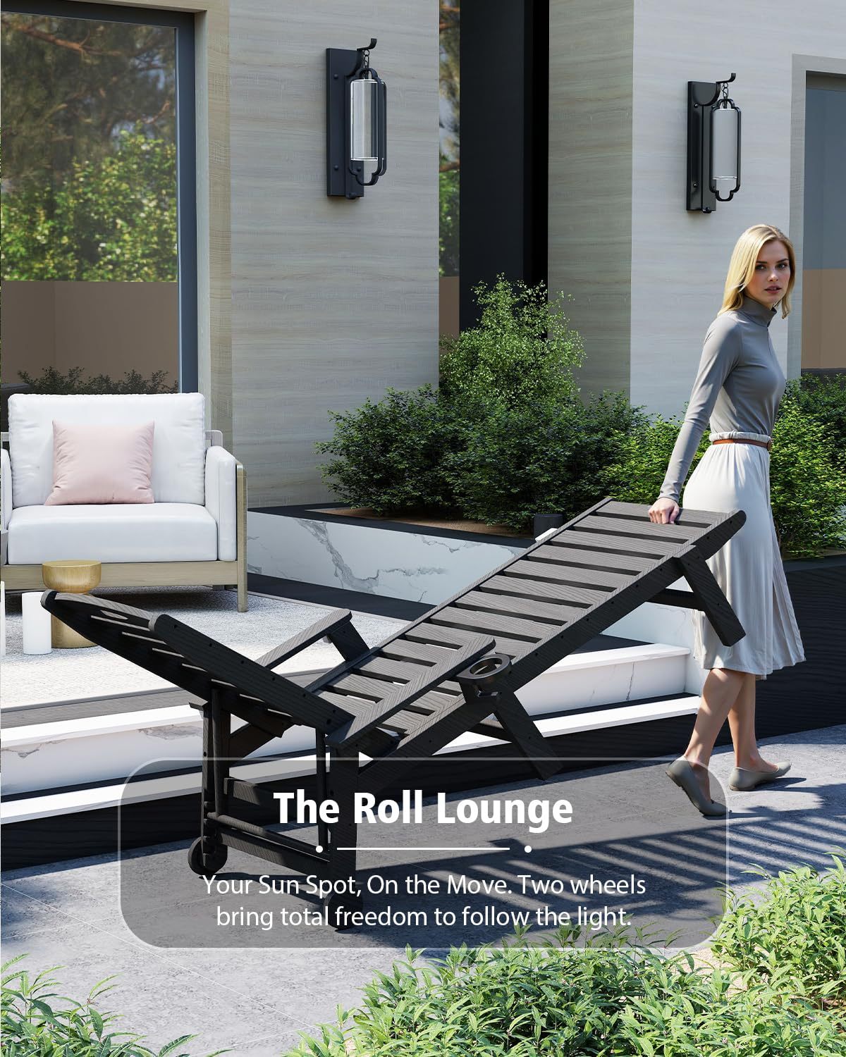 Patio Lounge Chair Outdoor, HDPE Outdoor Chaise Lounge with Reclining Backrest, Pool Lounger Chair for Outside, Poolside, Sunbathing Tanning, Black