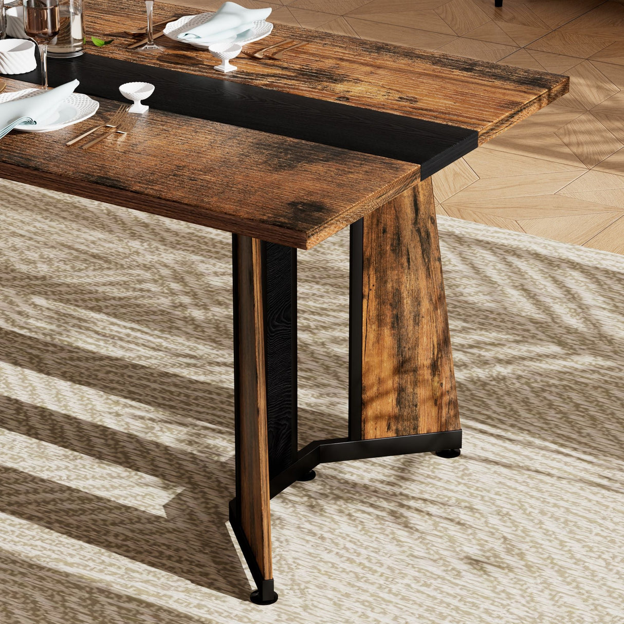 Rustic Rectangular Large Dining Table, Waterproof Desk For 8 People, & Steel With Adjustable Legs - Black / Rustic Brown