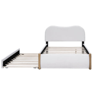 Upholstered Platform Bed With Wood Supporting Feet And Trundle