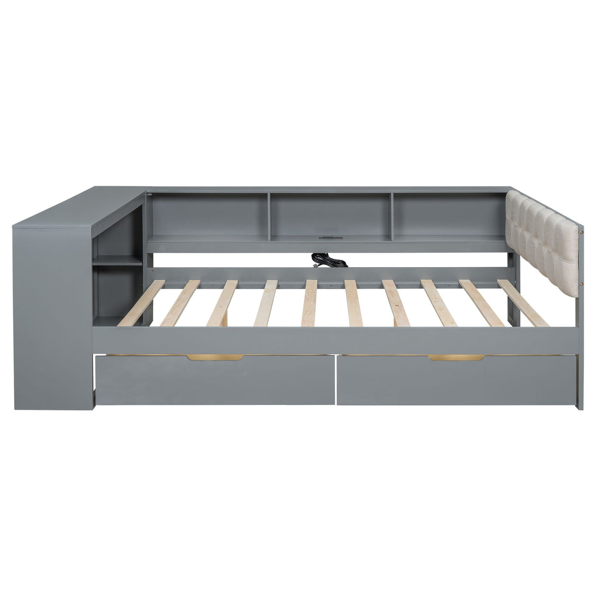 Upholstered Headboard Platform Bed With Storage Shelves, Drawers, Charging Station