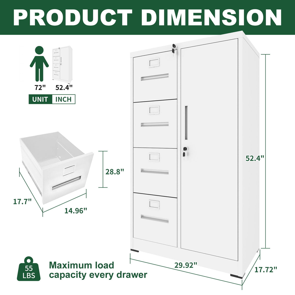 Metal Storage Vertical Filing Cabinet With Lock, 4 Drawers, 1 Door, Steel Construction, School / Office Use