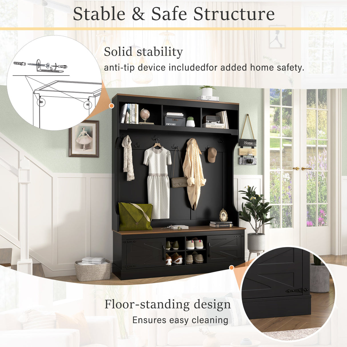 Vibe Haus 71''H Farmhouse Hall Tree with Bench and Shoe Storage