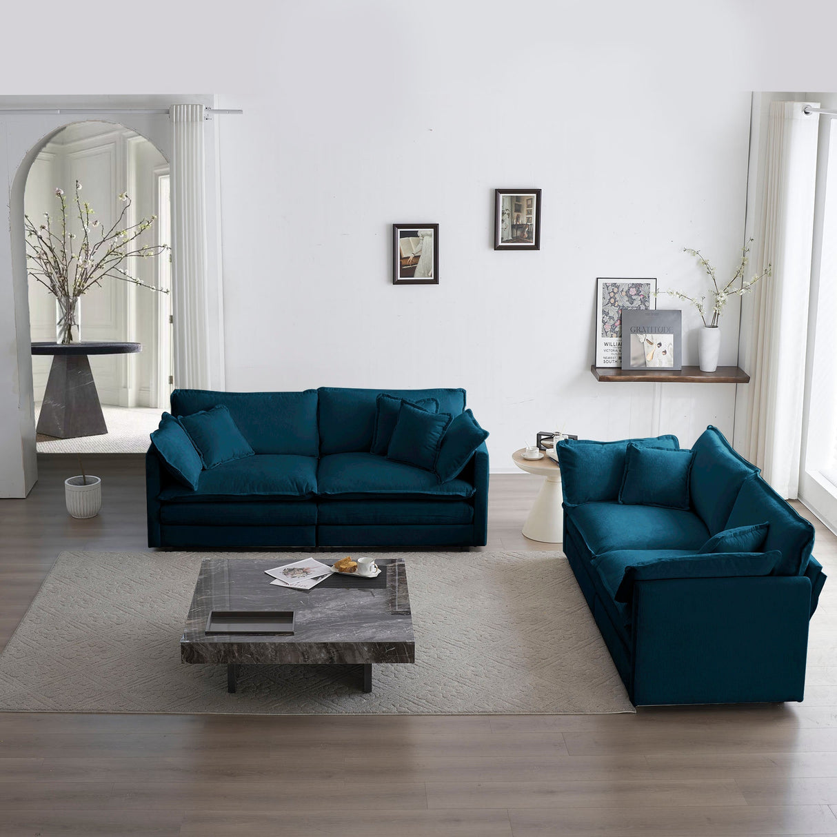2-Piece Living Room Sofa Set in Blue Chenille