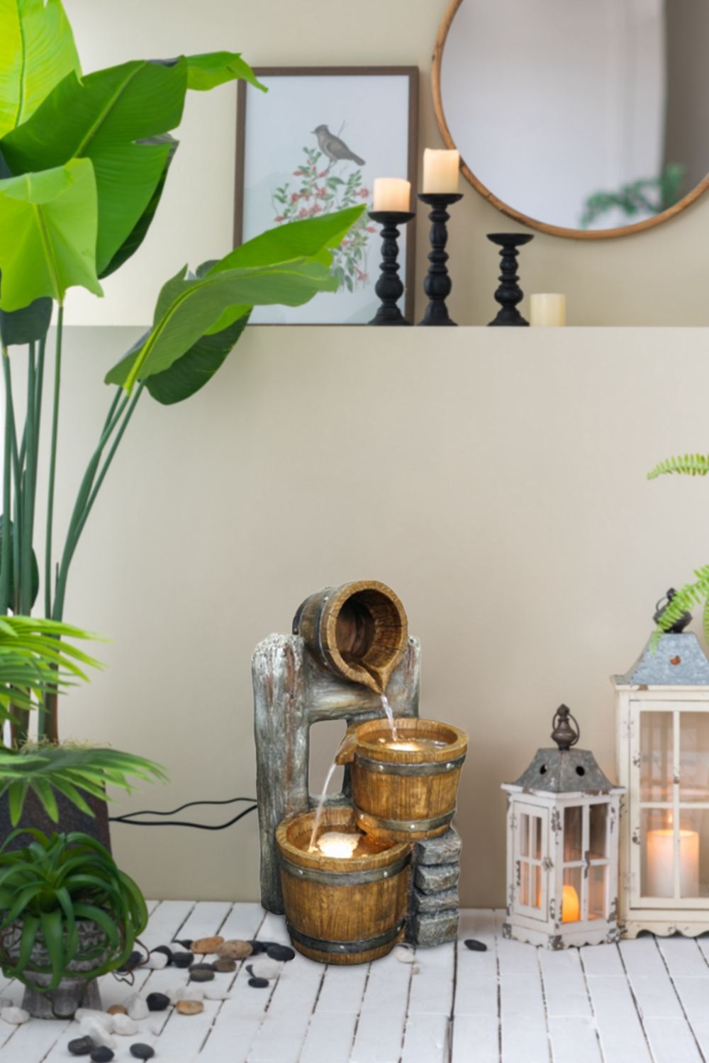 Decorative 3 Tier Bucket Fountain with Lights and Pump - Brown