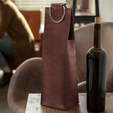 Brown faux leather single-bottle wine tote by viski®