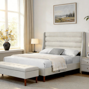 Modern Upholstered Platform Bed With Wave Shaped Headboard