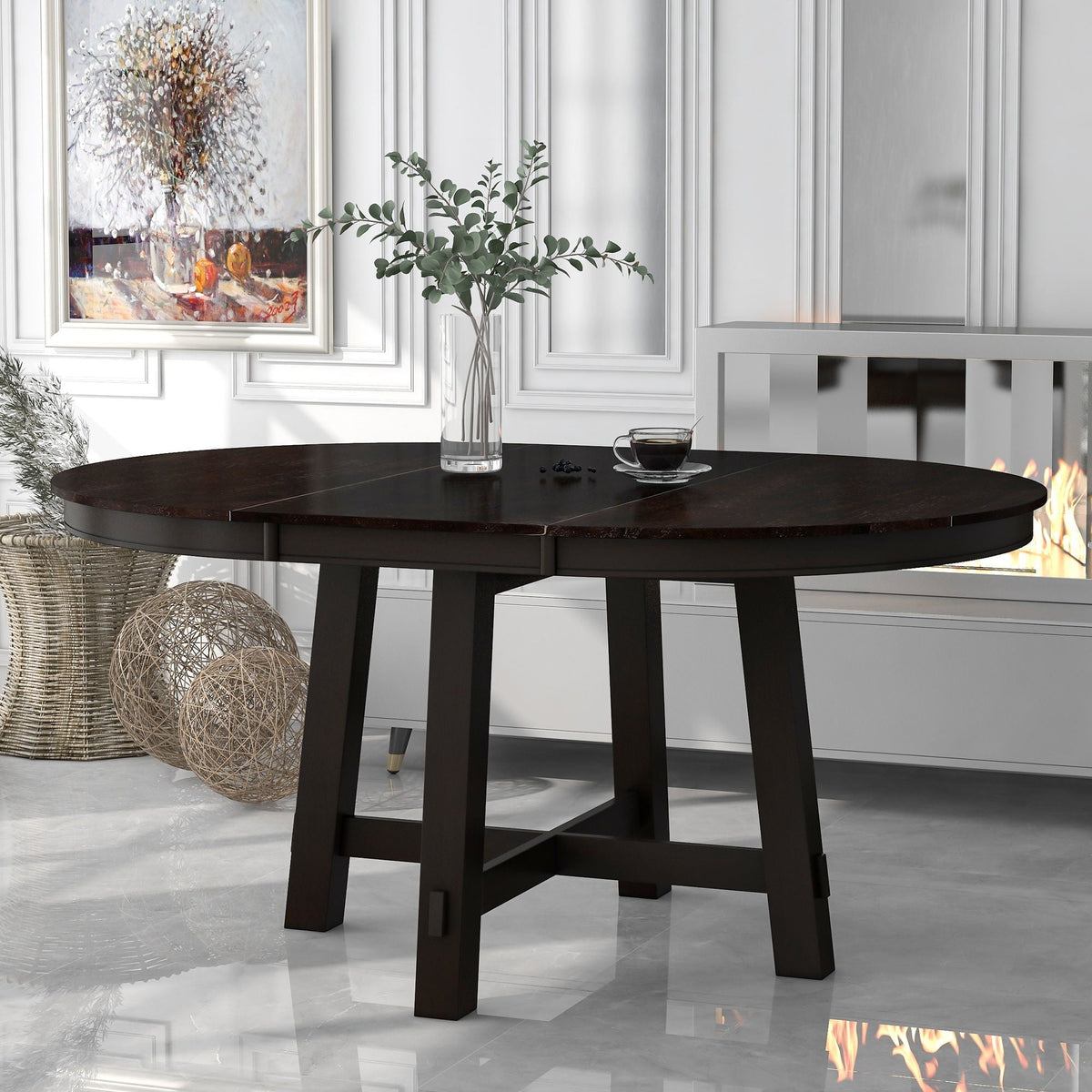 Gia Round Extendable Dining Table with 16" Leaf Wood - Light Brown or Dark Brown