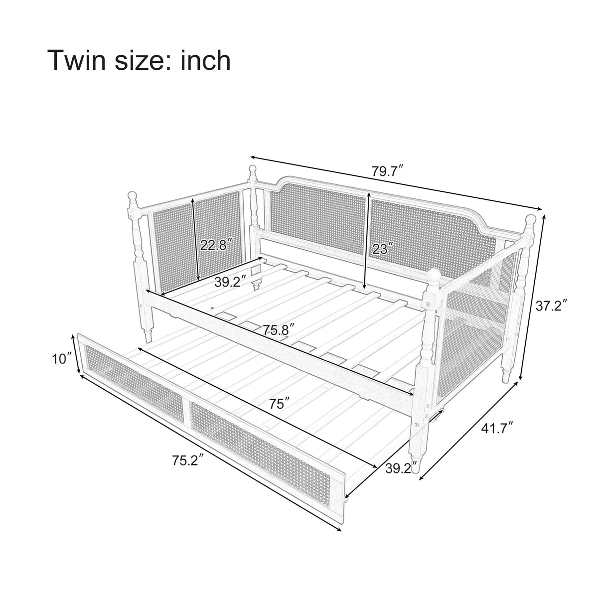 Traditional Style Rattan Twin Size Daybed with Twin Trundle