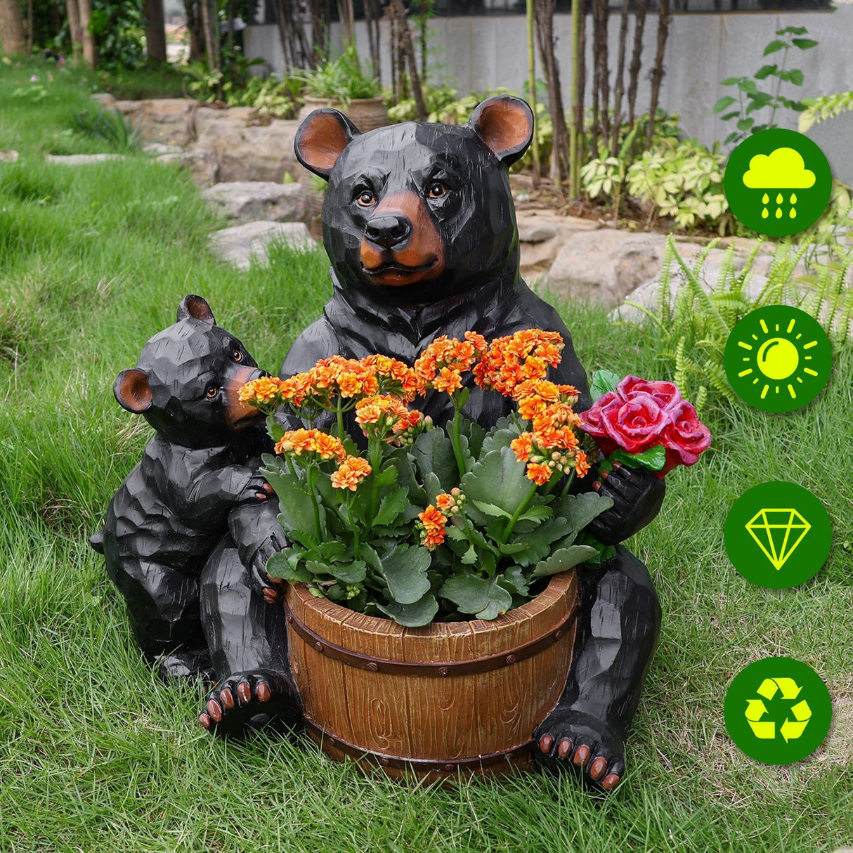 Outdoor Garden Sculpture Bear Flower Pot Planter