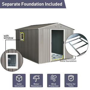8Ft x 10Ft Outdoor Metal Storage Shed With Metal Floor Base, With Window - Gray