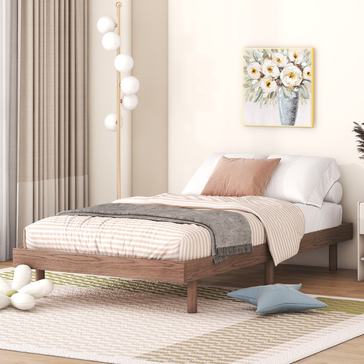 Modern design twin size floating platform bed frame for walnut color