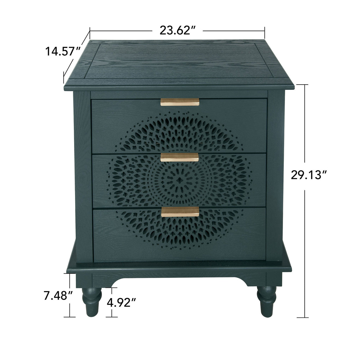 Blackish Green Hollow-Carved 3-Drawer Dresser with Metal Handles