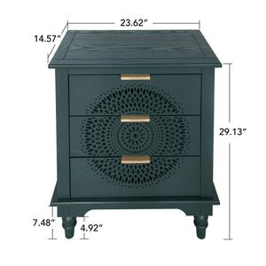 Blackish Green Hollow-Carved 3-Drawer Dresser with Metal Handles