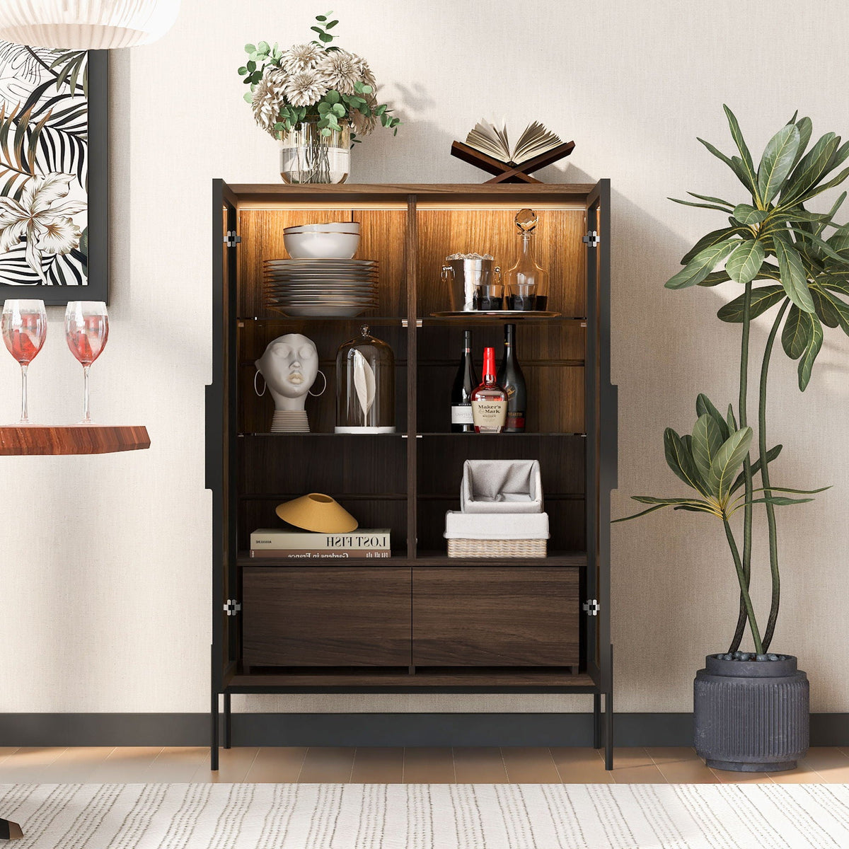 Modern Minimalist Style LED Curio Cabinet With Tempered Glass Door, Metal Legs