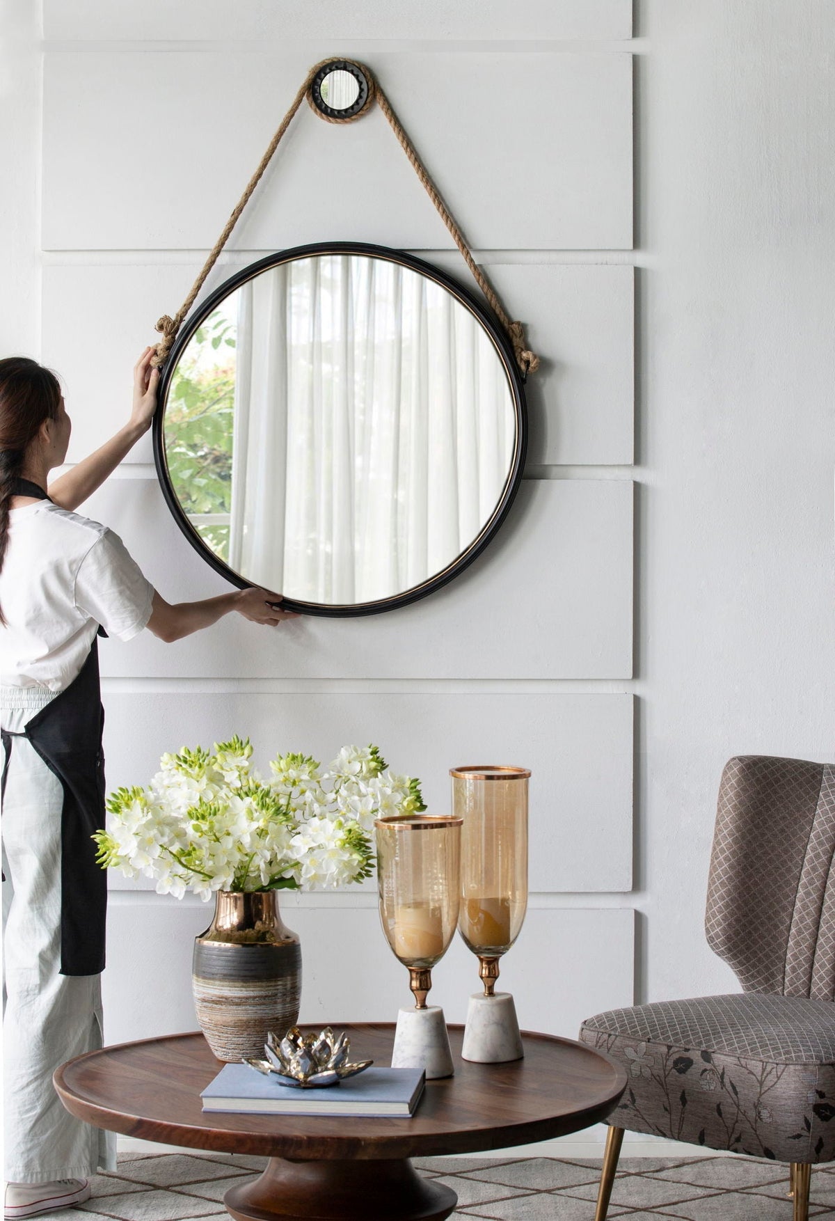 Handsome Cleveland Mirror With Rope Strap Contemporary Design Circle Mirror With Round Metal Frame For Wall Decor
