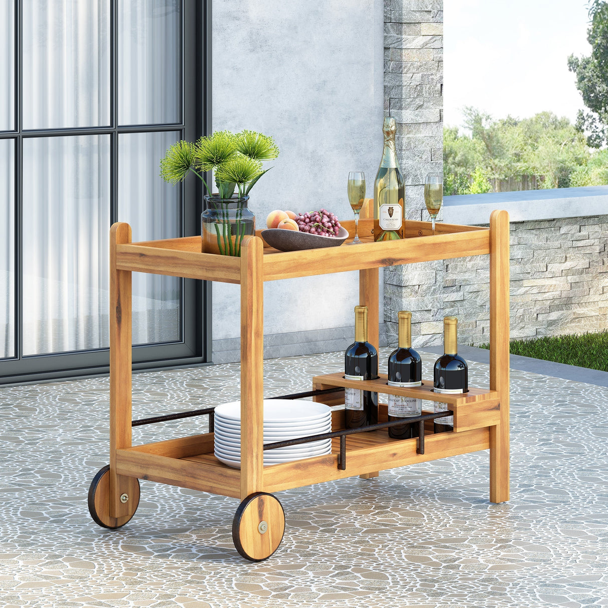 Bar Cart with Wine Bottle Holders, Acacia Wood
