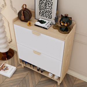 Shoe Storage Cabinet With 2 Flip Drawers, Compact Entryway Organizer - Natural / White
