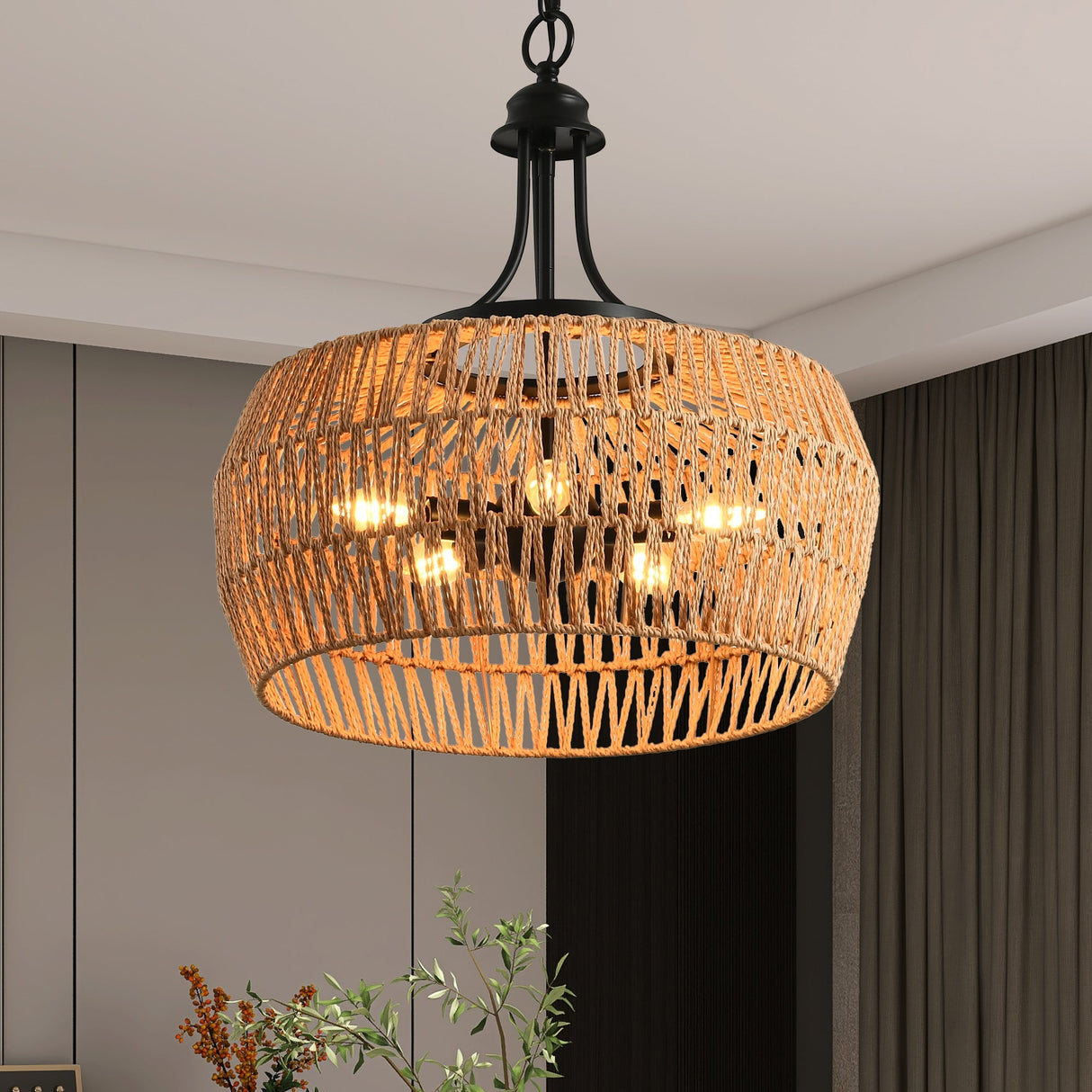 19' Boho Hemp Rope Pendant Light with Adjustable Chain