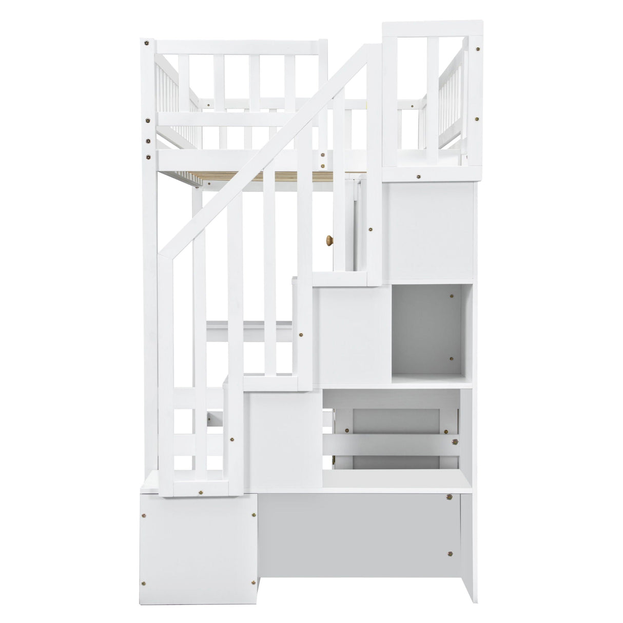 Loft Bed With Built In L Shaped Desk, LED Lights, Storage Shelves, Cabinets, And Staircase