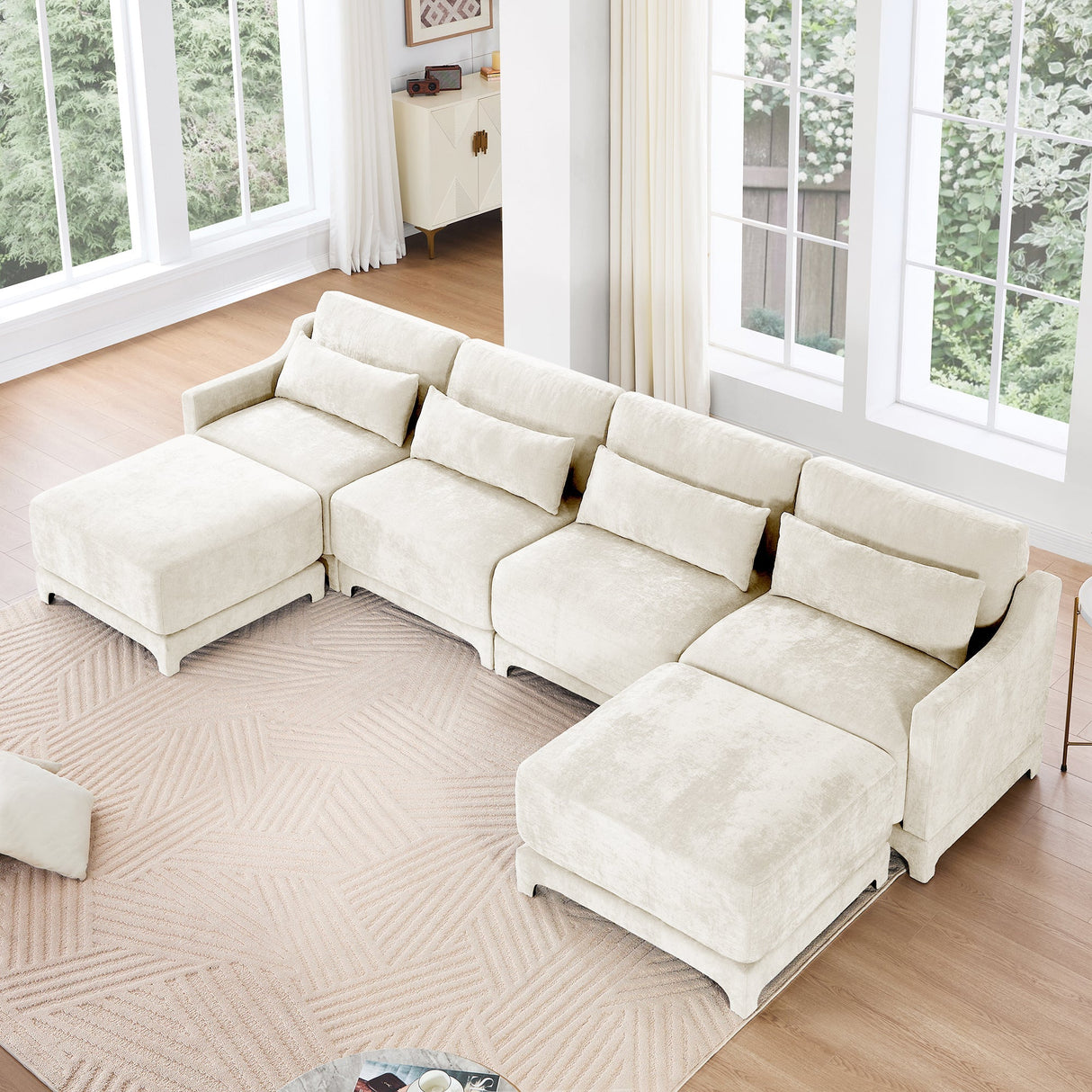 Elegant Four-Seater Sofa with Movable Ottoman and Lumbar PillowBeige