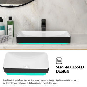 Semi Recessed Bathroom Sink With Vessel Design, Durable Glazed - White / Black