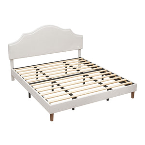 King Size, Upholstered Platform Bed Frame With Adjustable Headboard, No Box Spring Needed - White