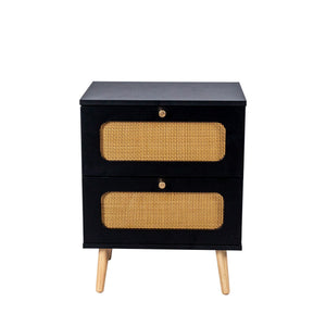 2 Drawer Rattan Nightstand For Bedroom And Living Room, End Table, Side Table With 2 Hand Made Rattan Decorated Drawers - Black