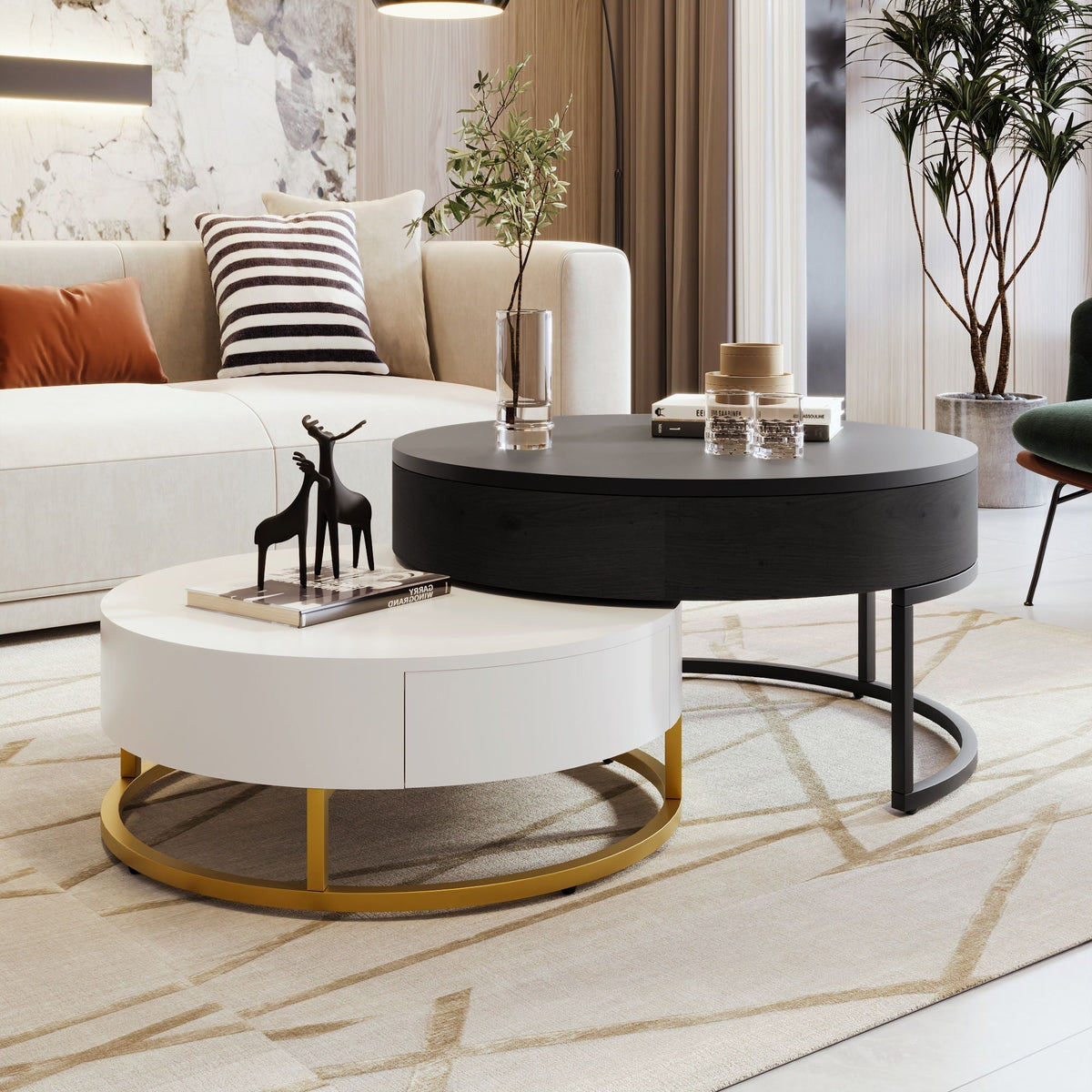 Modern Round Nesting Coffee Tables with Lift-Top and 2 Drawers - White or Black