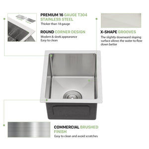 13" Undermount Kitchen Sink 16 Gauge Single Bowl - Brushed Nickel