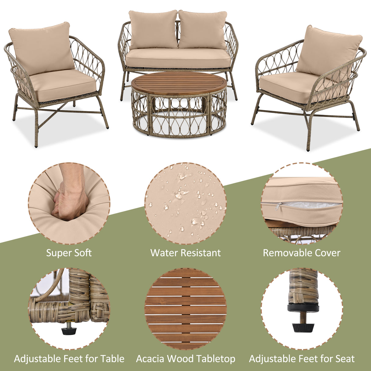 4 Piece Bohemian Wicker Chat Set With Acacia Wood Table