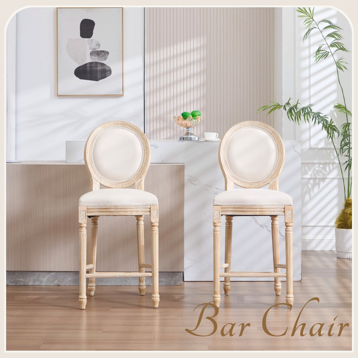French Country 26'' Height Bar Chairs with Beige Linen Upholstery - Set of 2