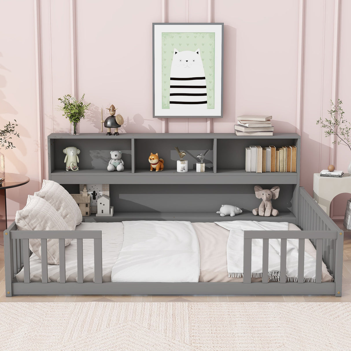Full Floor Bed with Side Bookcase, Shelves, Guardrails