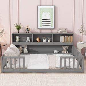 Full Floor Bed with Side Bookcase, Shelves, Guardrails