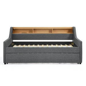 Upholstered Sofa Bed With LED Lights, Storage Headboard, Foldable Trundle & Wireless Charging