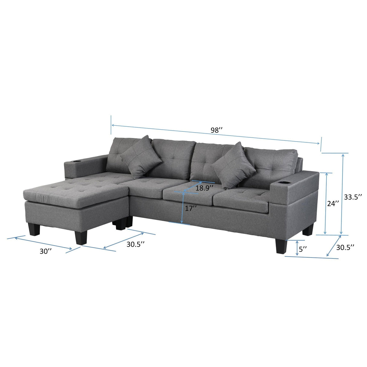Modern Sectional Sofa Set with L-Shape Chaise Lounge and Cup Holders