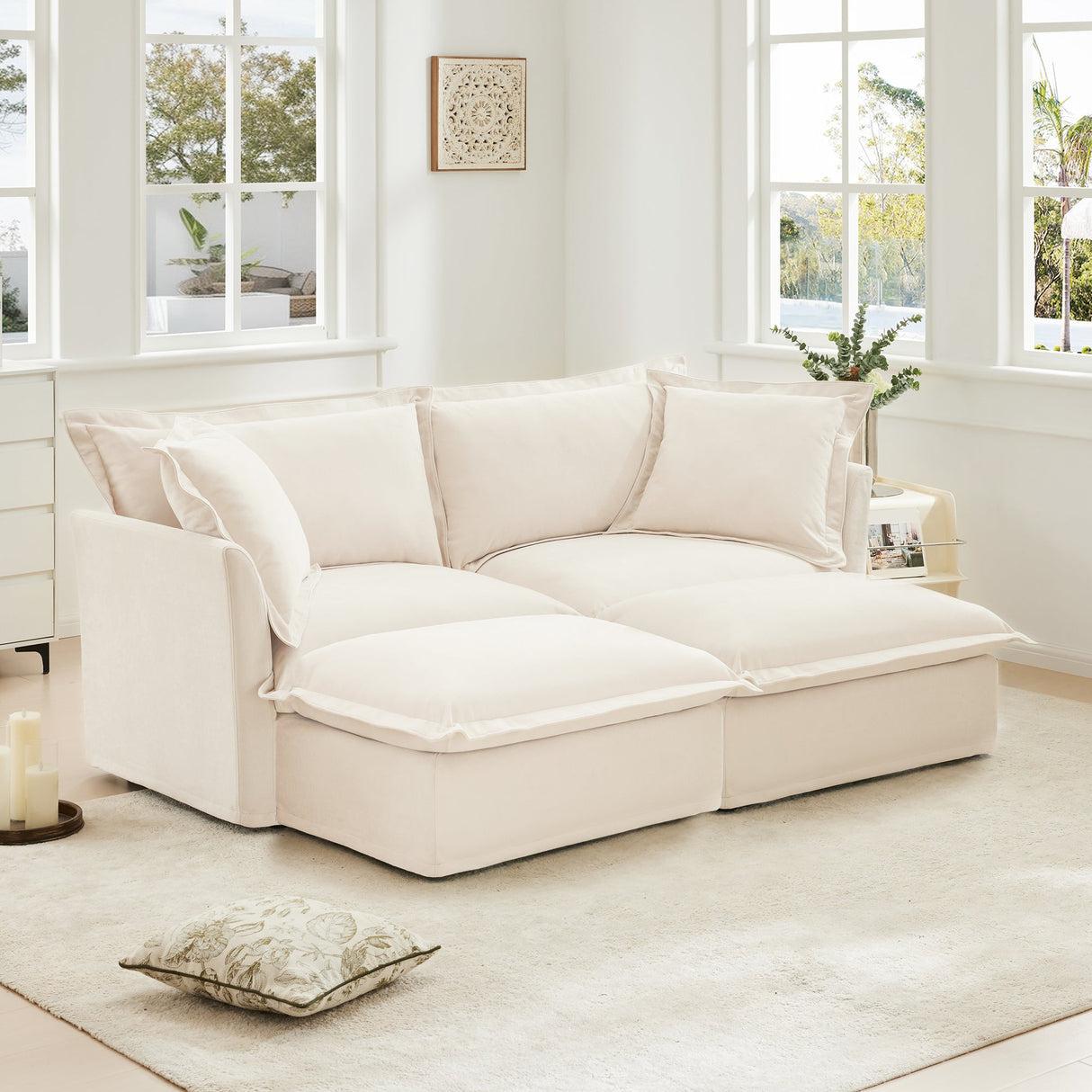 Slipcovered Sofa 2 Seater Sofa With 2 Ottomans