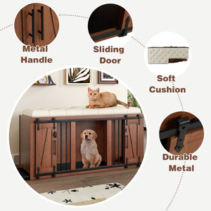 2 in 1 Dog Crate with Padded Seat Walnut 56'L Furniture Style