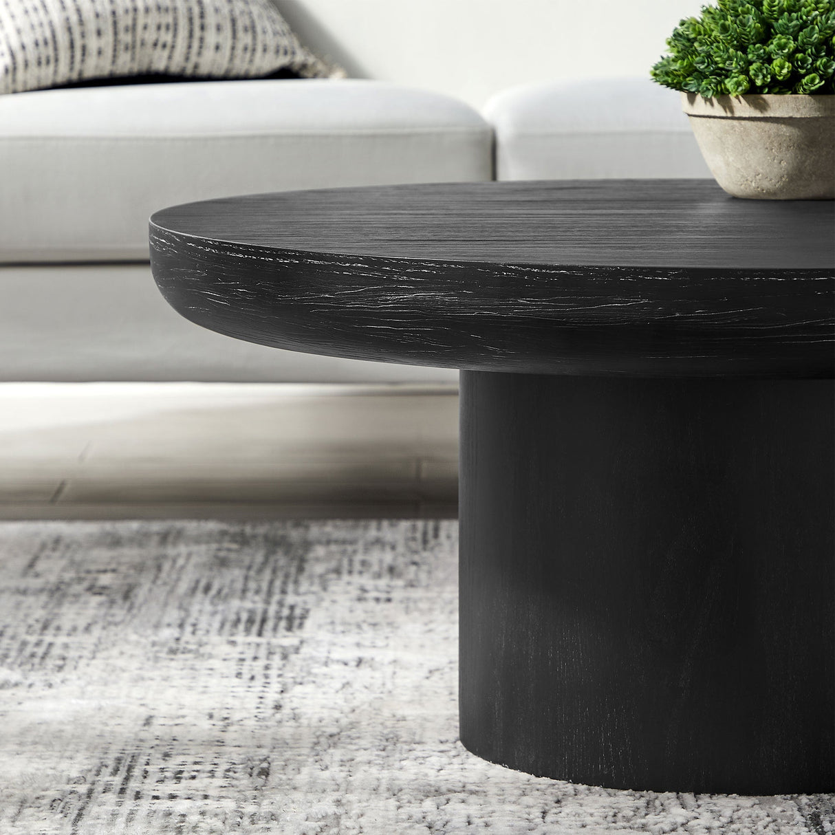 35.98 Inch Round Coffee Table with Cylindrical Black Legs